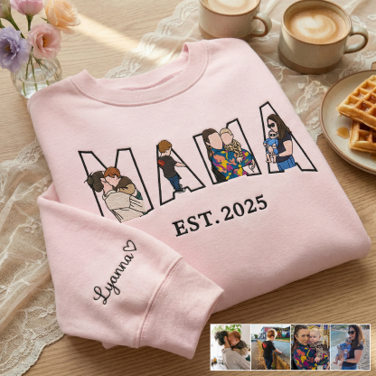 Pamaviva Embroidered Mama Sweatshirt with Multiple Portraits Custom Mama and Child Embroidery for Mother's Day Gift
