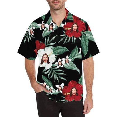 Custom Face Hawaiian Shirt Red Flower Leaves Aloha Shirts for Boyfriend/Husband Birthday Vacation Party Gift-ilovevango