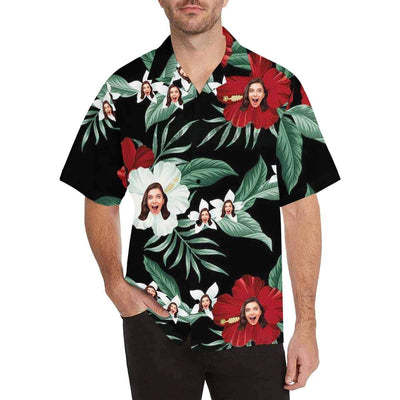 Custom Face Hawaiian Shirt Red Flower Leaves Aloha Shirts for Boyfriend/Husband Birthday Vacation Party Gift-ilovevango