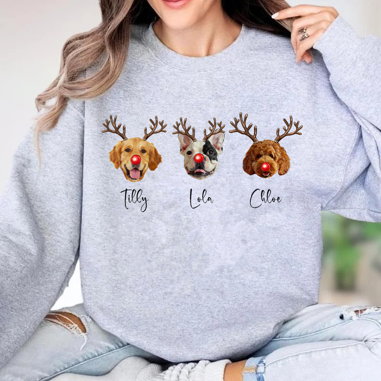 PetFiestas® Custom Multiple Pets Photo Christmas Sweatshirt, Funny Dog Reindeer Sweatshirt
