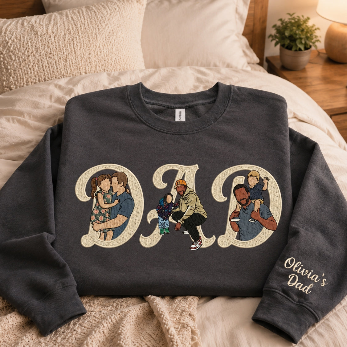Personalized Photo Portrait Chunky Vintage Script Embroidery Sweatshirt T-shirt Father's Day Gift