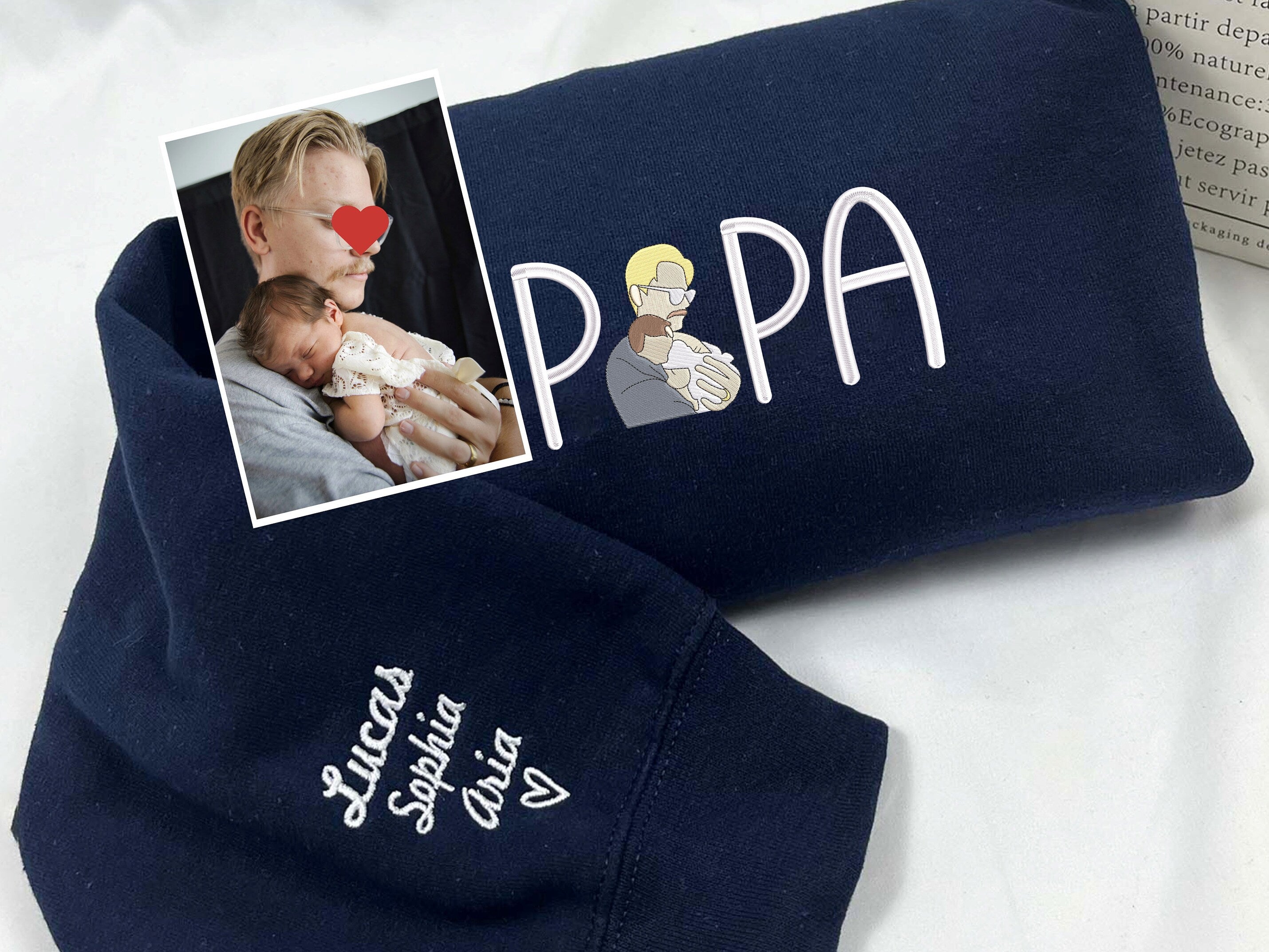 Custom Photo Embroidered Sweatshirt, Personalized Papa Embroidered Sweatshirt, Custom Gift Sweatshirt-ilovevango