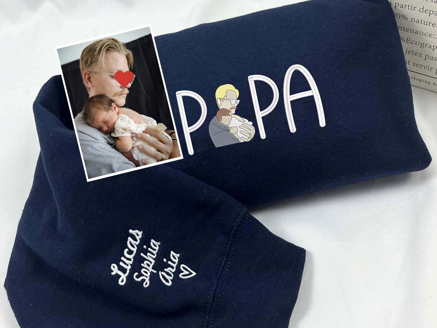 Custom Photo Embroidered Sweatshirt, Personalized Papa Embroidered Sweatshirt, Custom Gift Sweatshirt-ilovevango