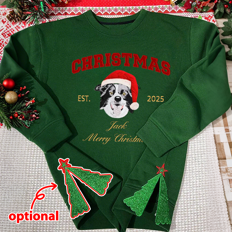 Custom Merry Christmas Embroidered Pet Portrait Sweatshirt with Glitter Side Bow Design