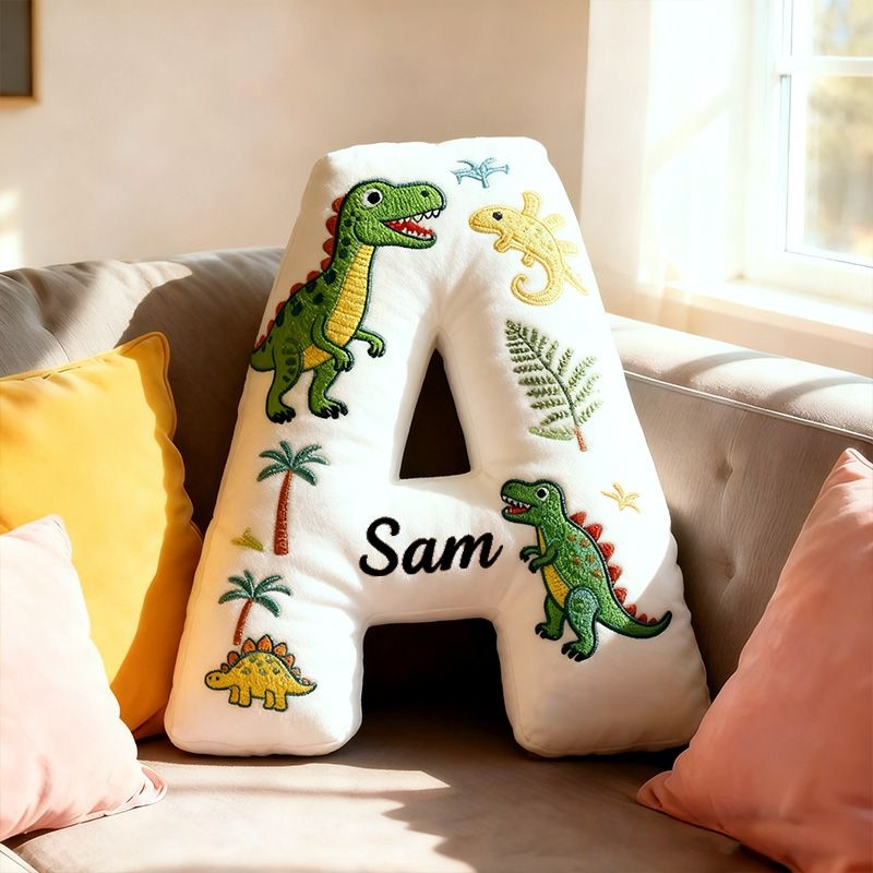 Personalized Dinosaur Letter Name Custom Kids Gift Fun Green T Rex Cute Prehistoric Soft Decorative Graphic 3D Print Pillow