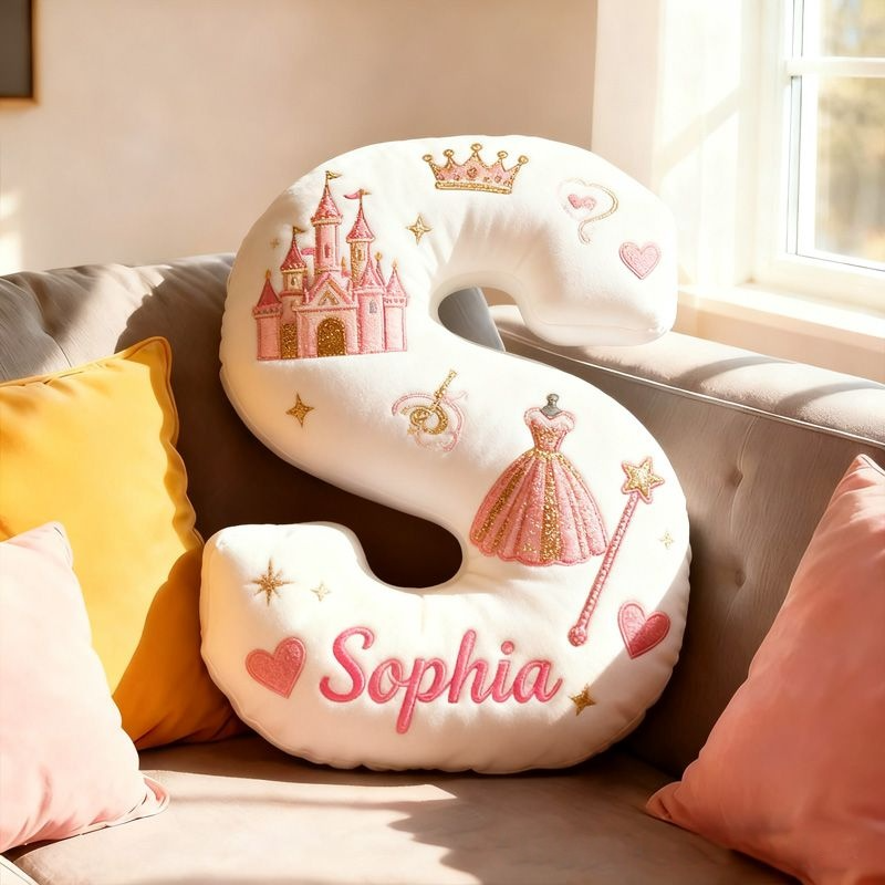 Personalized Princess Letter Name Custom Kids Gift Pink Castle Crown Dress Magic Fairytale Soft Decorative Graphic 3D Print Pillow