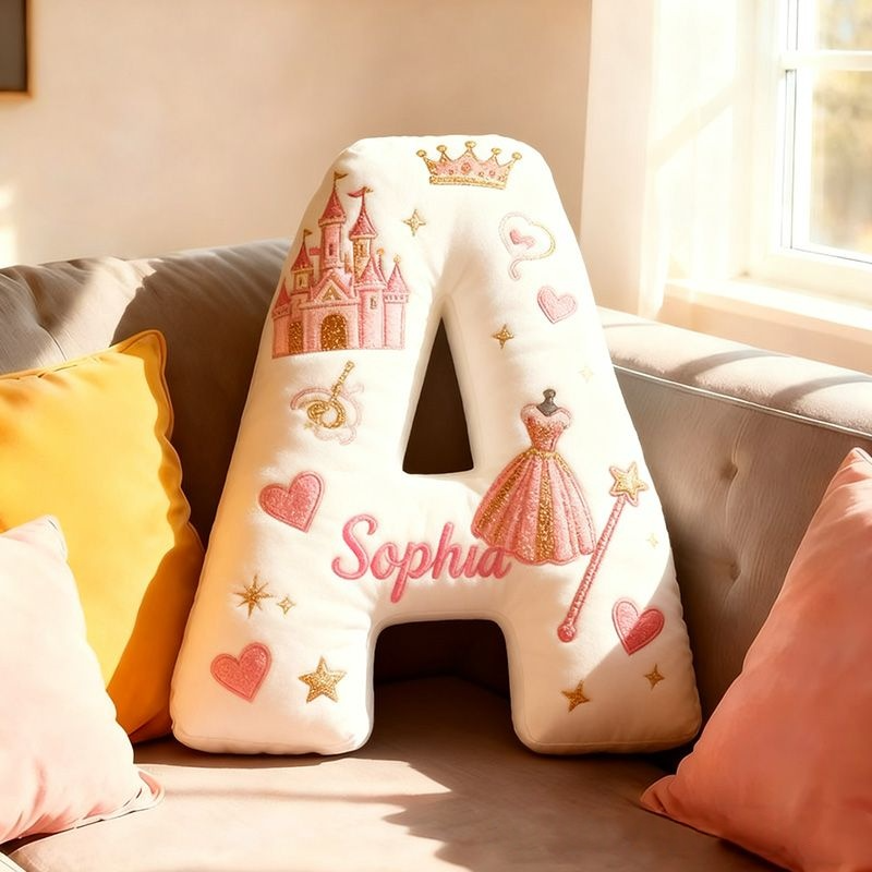 Personalized Princess Letter Name Custom Kids Gift Pink Castle Crown Dress Magic Fairytale Soft Decorative Graphic 3D Print Pillow