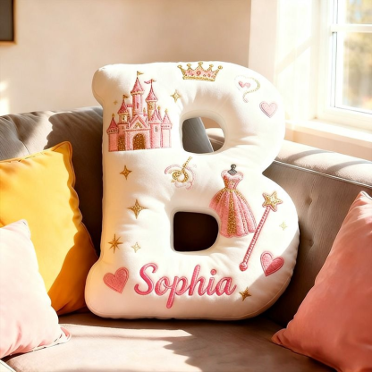 Personalized Princess Letter Name Custom Kids Gift Pink Castle Crown Dress Magic Fairytale Soft Decorative Graphic 3D Print Pillow