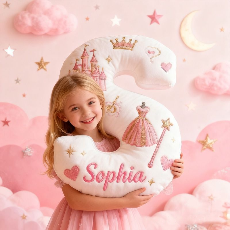 Personalized Princess Letter Name Custom Kids Gift Pink Castle Crown Dress Magic Fairytale Soft Decorative Graphic 3D Print Pillow