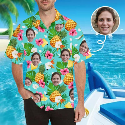 Custom Face Hawaiian Shirt Pineapple Flower for Boyfriend/Husband Personalized Photo Tropical Aloha Shirt Birthday Vacation Party Gift-ilovevango