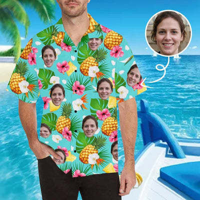 Custom Face Hawaiian Shirt Pineapple Flower for Boyfriend/Husband Personalized Photo Tropical Aloha Shirt Birthday Vacation Party Gift-ilovevango