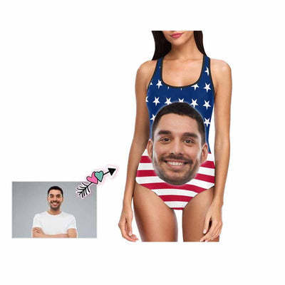 Custom Husband Face American Flag Swimsuit Personalized Tank Top One Piece Bathing Suit Celebrate Holiday Party-ilovevango