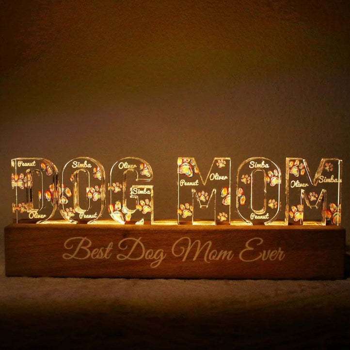 Dog Mom Colorful Watercolor Paw Personalized LED Night Light