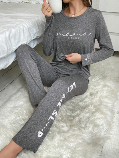 Custom Mama Letter Graphic Tee & Pants PJ Set, Personalized Pajama Set, Gift For Mom-ilovevango