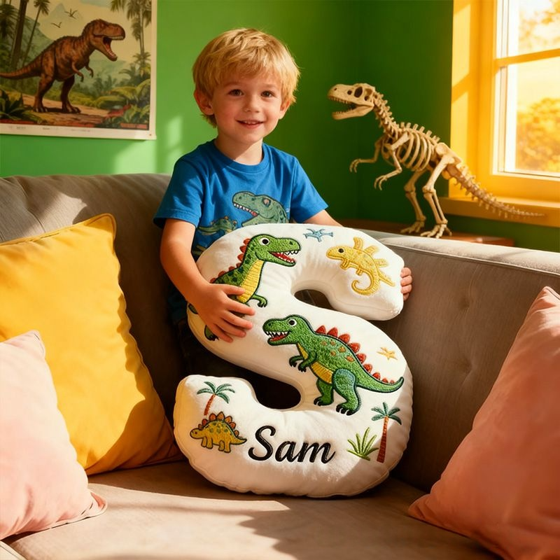 Personalized Dinosaur Letter Name Custom Kids Gift Fun Green T Rex Cute Prehistoric Soft Decorative Graphic 3D Print Pillow