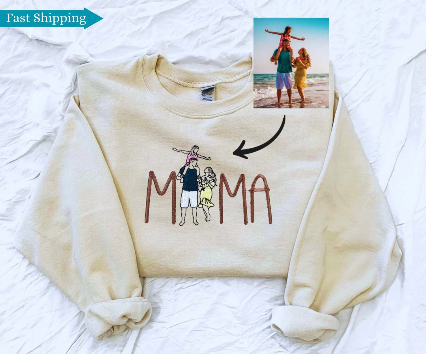 Custom Photo Embroidered Sweatshirt, Mama Embroidered Sweatshirt, Personalized Embroidered, Mother Day Gift For Mom-ilovevango