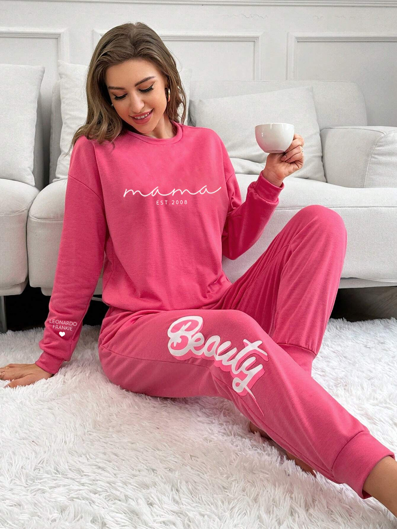 Personalized Mama Letter Graphic Tee & Plaid Print Pants Pajama Set, Custom Mama PJ Set with Kid Name On Sleeve, Mothers Day Gift-ilovevango