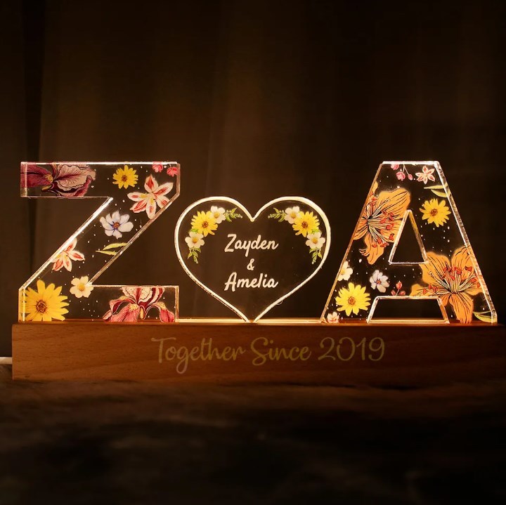 Couple Initial Letter, Flower Birth Month, Personalized LED Night Light