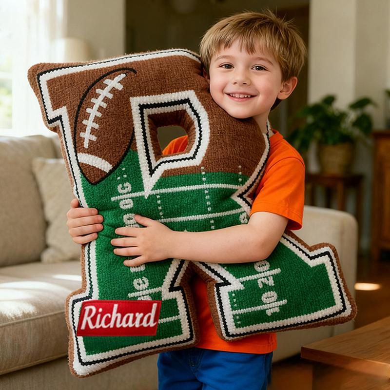 Personalized Football Field Initial Pillow with Custom Name for Kids and Sports Fans
