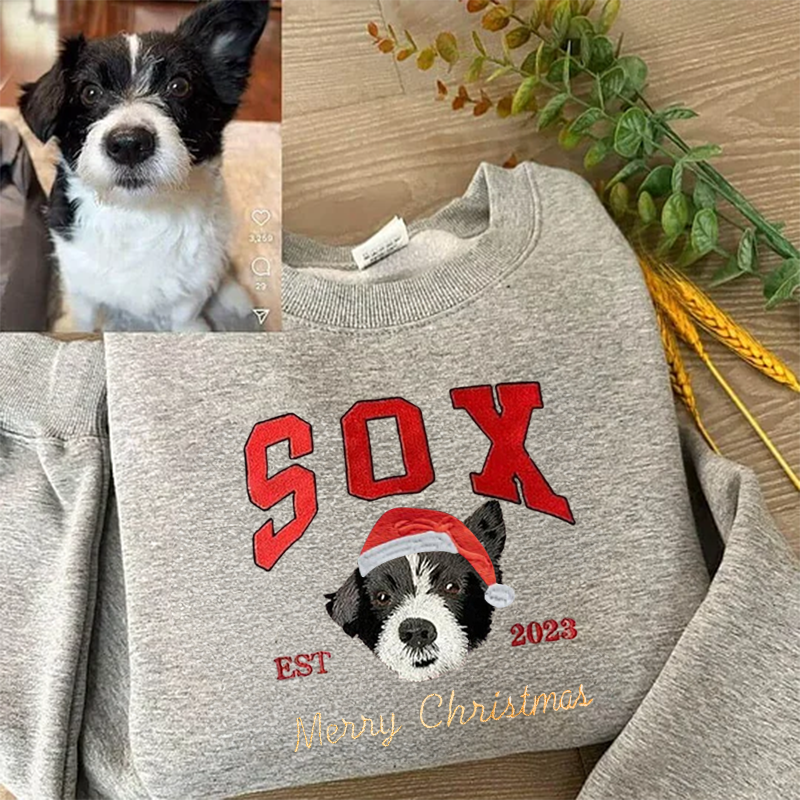 Custom Embroidered Sweatshirt With Pet Portrait and Name, Christmas Jumper Sweatshirt