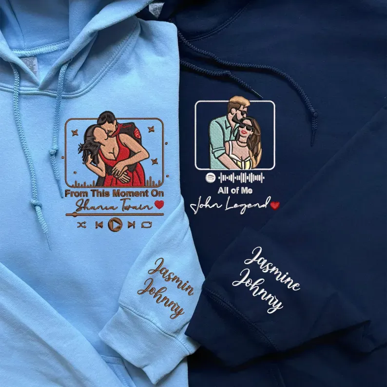 Custom Couple Embroidered Love Song from Photo Hoodie, Couple Valentine Matching Shirts, Couple Anniversary Gift