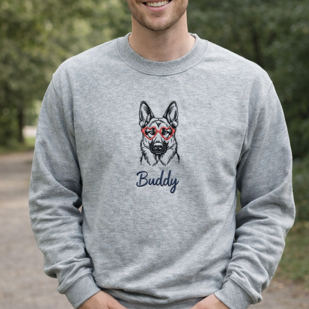 Custom Pet Portrait & Heart Glasses Embroidered Sweatshirt, Hoodie, T-shirt, Valentine's Day Gift