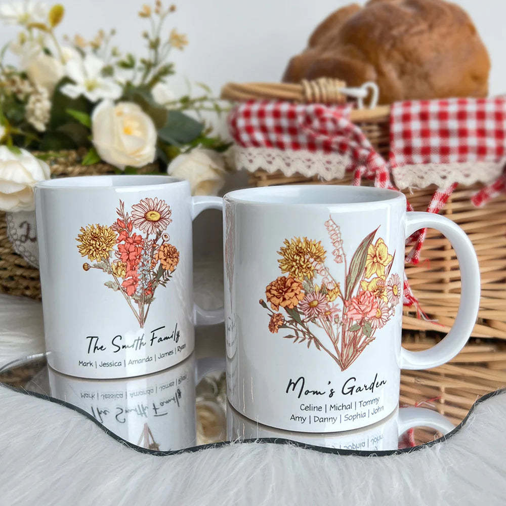 Personalized Birth flower Bouquet Names Mug