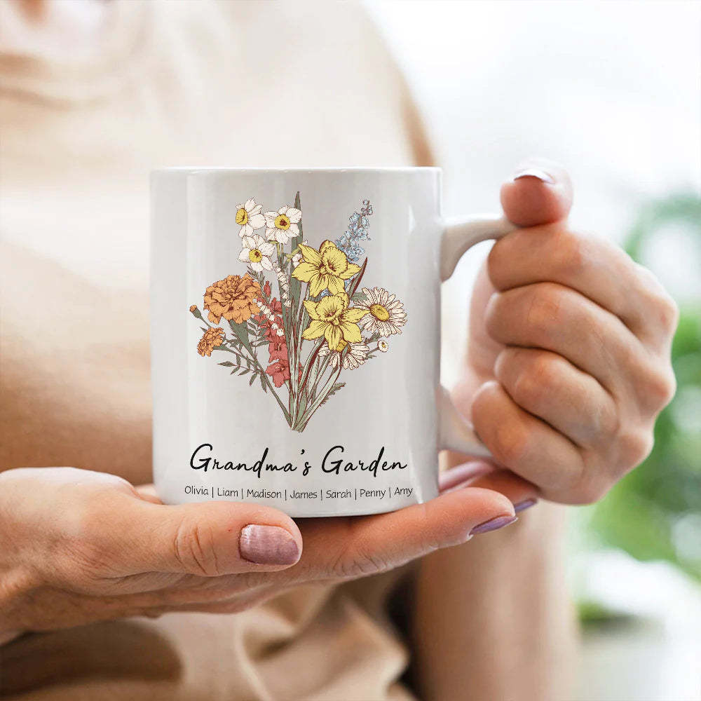 Personalized Birth flower Bouquet Names Mug