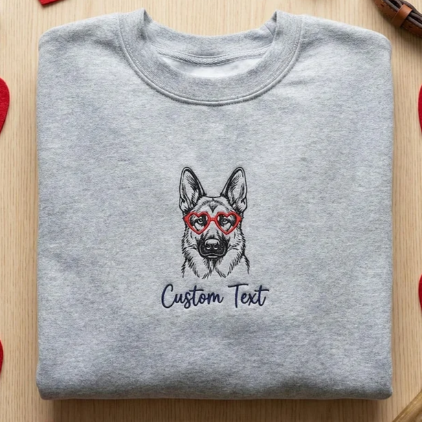 Custom Pet Portrait & Heart Glasses Embroidered Sweatshirt, Hoodie, T-shirt, Valentine's Day Gift