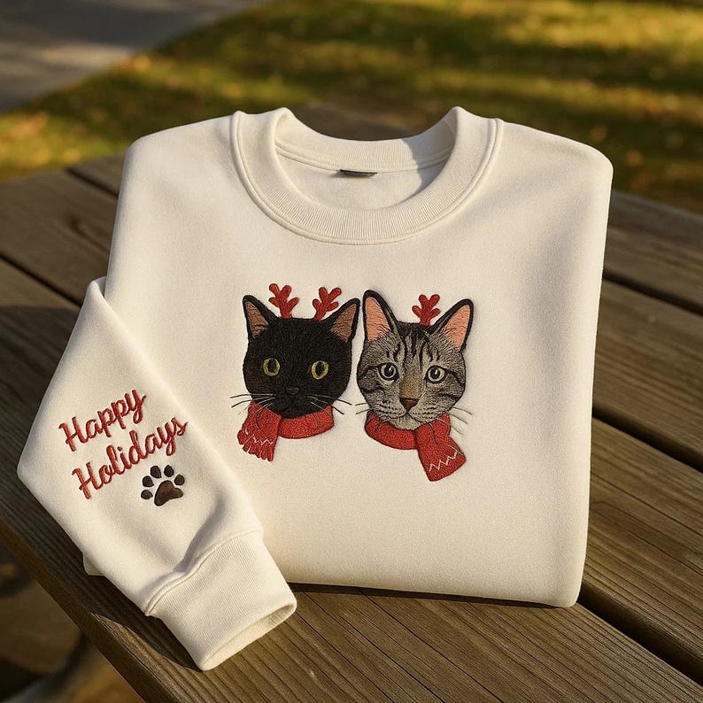 Custom Cat Embroidered Sweatshirt, Hoodie & T-Shirt, Christmas Holiday Sweatshirt