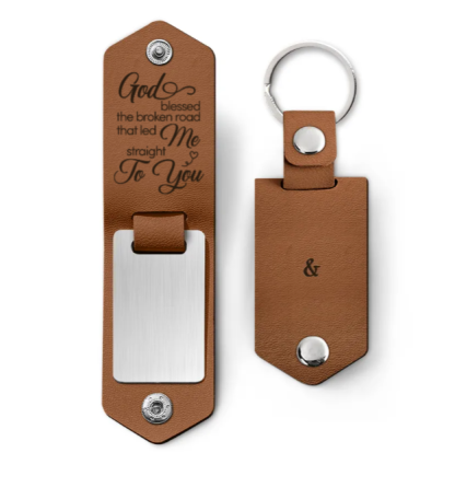 Custom Photo God Blessed The Broken Road - Loving, Anniversary Gift For Couple, Spouse, Husband, Wife - Personalized Leather Photo Keychain-ilovevango