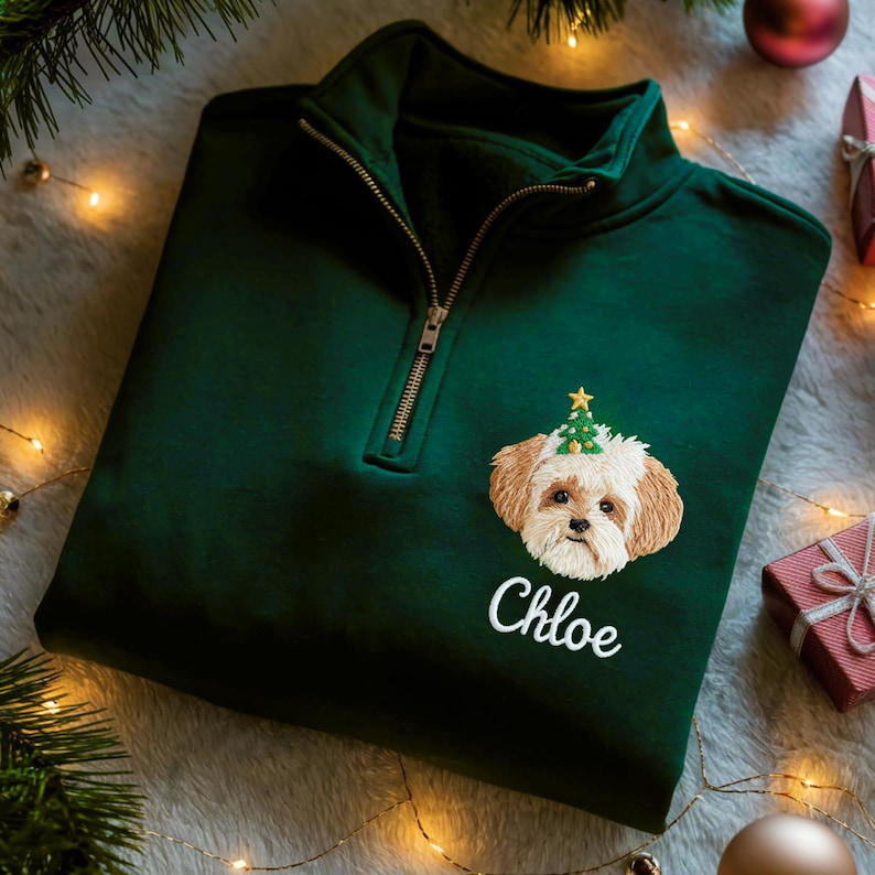 Custom Pet Portrait Embroidered Quarter Zip Christmas Sweatshirt