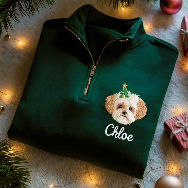Custom Pet Portrait Embroidered Quarter Zip Christmas Sweatshirt