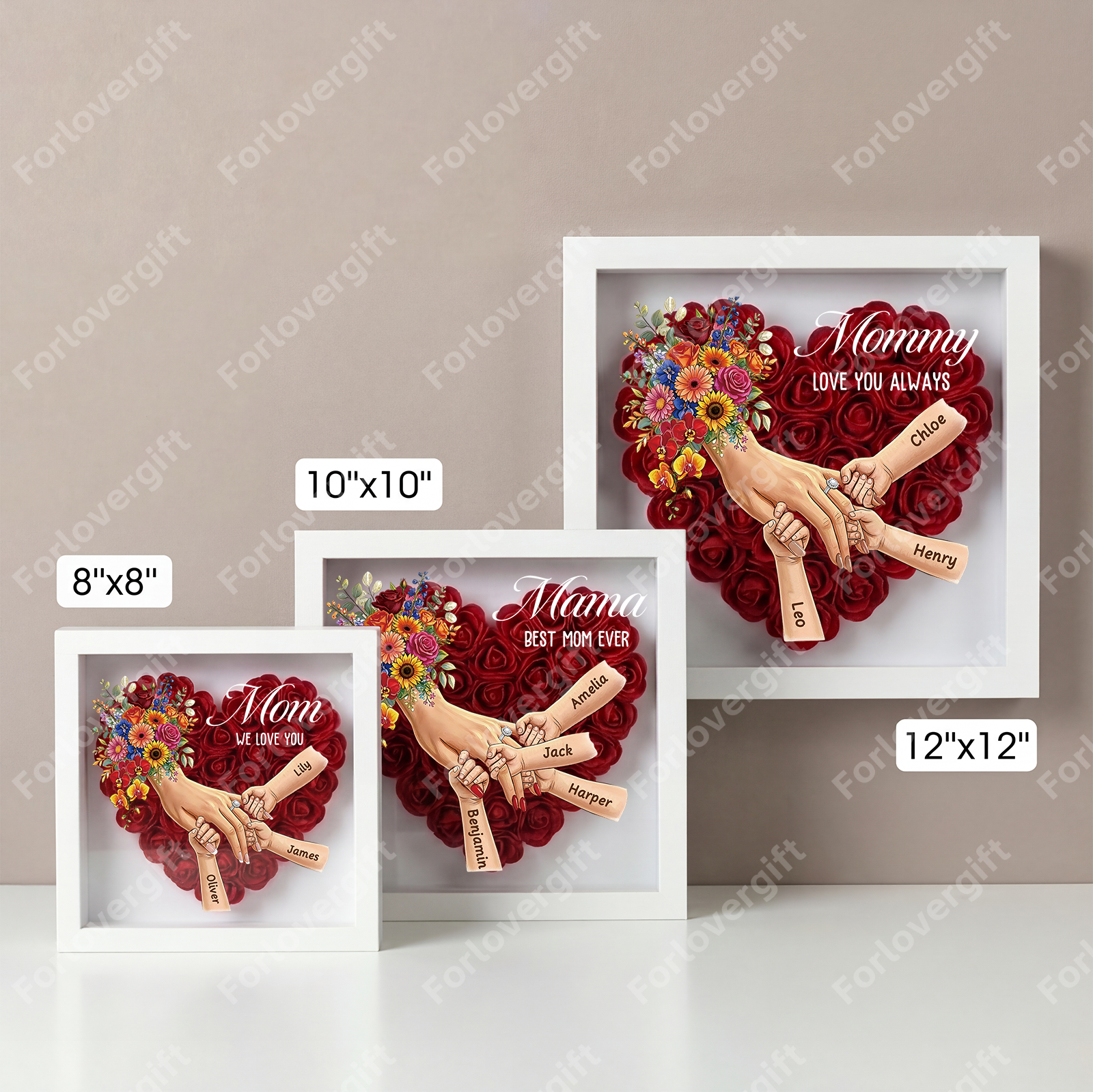 Personalized Mommy Holding Hands Shadow Box with Ring & Manicure – Custom Kids Names Floral Heart Frame, Premium Mother’s Day Gift