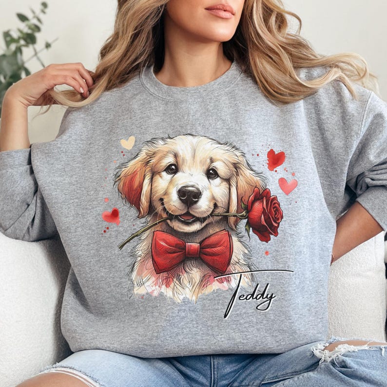 Custom Dog Photo with Rose Sweatshirt - Personalized Pet Valentine's Day Sweatshirt for Dog Mom