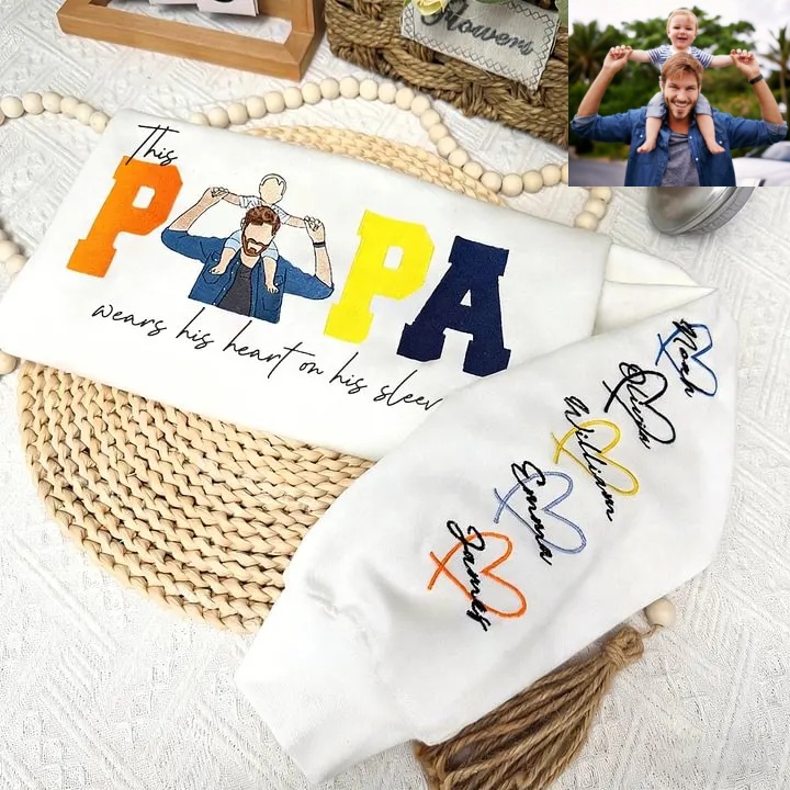 Dad Sweatshirt Custom Embroidered Portrait Heart on Sleeve Fathers Day Gift for Dad