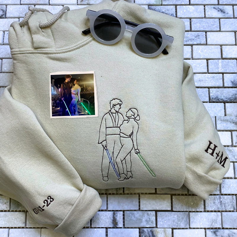 Custom Valentine's Day Couple Embroidered Portrait Photo Sweatshirt | Couple Anniversary Gift