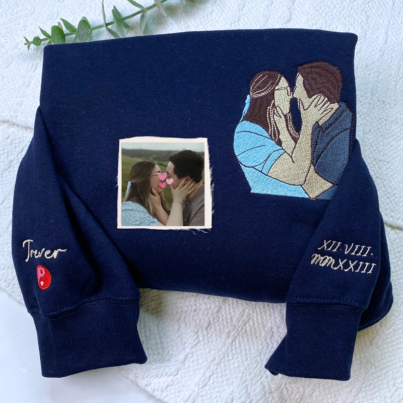 Custom Valentine's Day Couple Embroidered Portrait Photo Sweatshirt | Couple Anniversary Gift