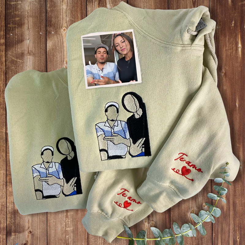 Custom Valentine's Day Couple Embroidered Portrait Photo Sweatshirt | Couple Anniversary Gift