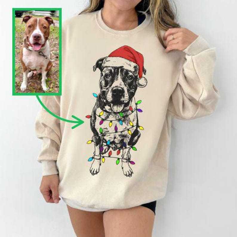 Custom Pet Christmas Crewneck with Santa Hat & Lights, Custom Dog Cat Graphic Tee