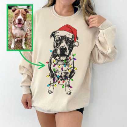 Custom Pet Christmas Crewneck with Santa Hat & Lights, Custom Dog Cat Graphic Tee