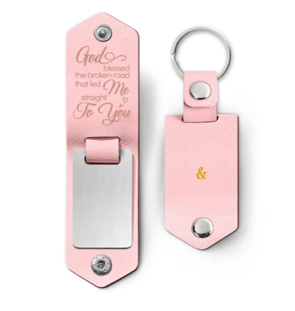 Custom Photo God Blessed The Broken Road - Loving, Anniversary Gift For Couple, Spouse, Husband, Wife - Personalized Leather Photo Keychain-ilovevango