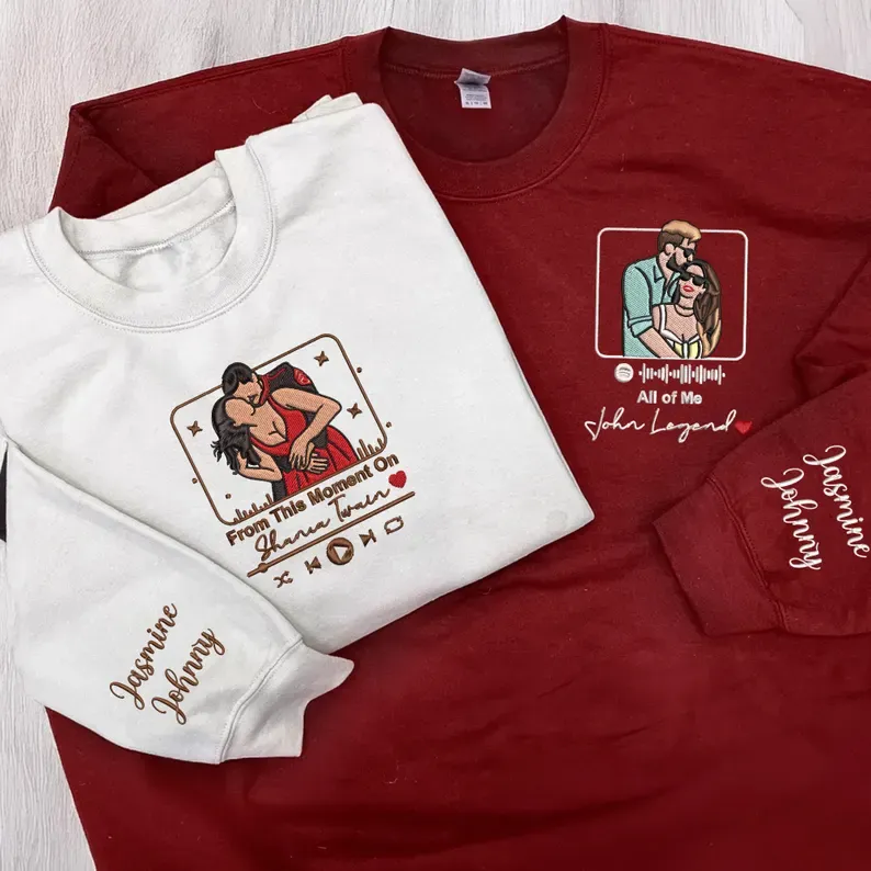 Custom Couple Embroidered Love Song from Photo Hoodie, Couple Valentine Matching Shirts, Couple Anniversary Gift