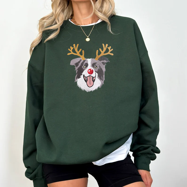 PetFiestas® Custom Dog Embroidered Christmas Sweatshirt with Funny Reindeer Design