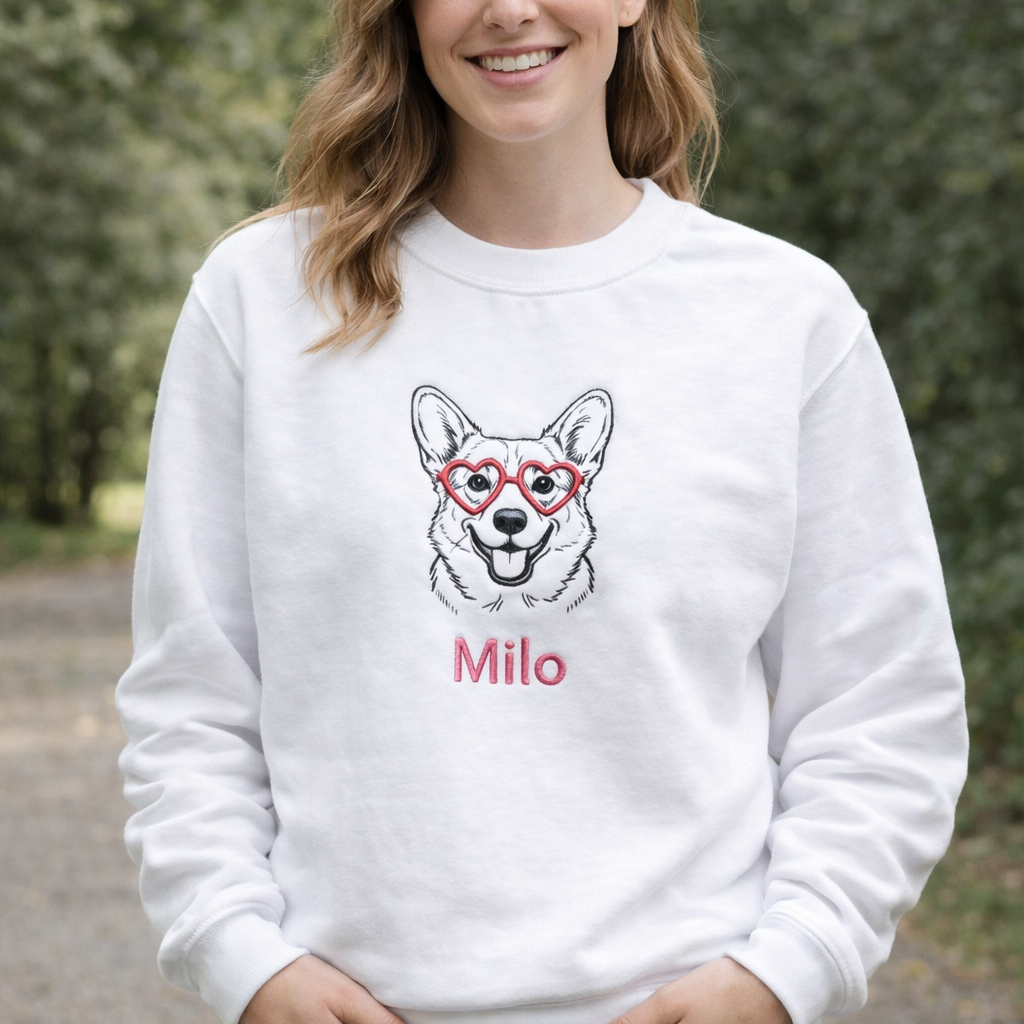 Custom Pet Portrait & Heart Glasses Embroidered Sweatshirt, Hoodie, T-shirt, Valentine's Day Gift