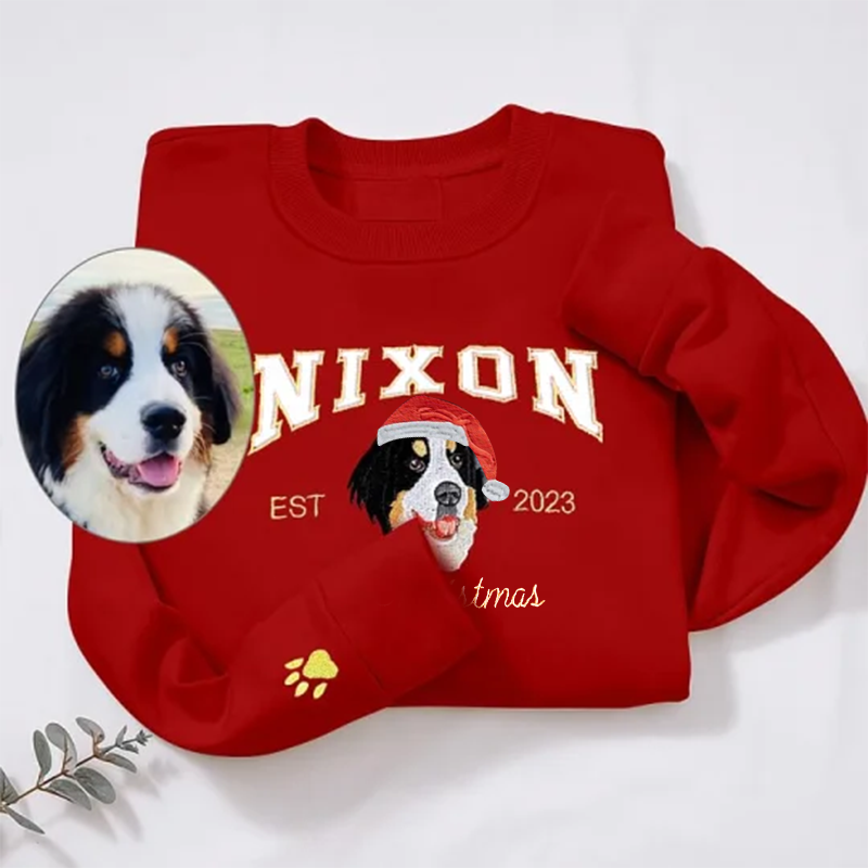Custom Embroidered Sweatshirt With Pet Portrait and Name, Christmas Jumper Sweatshirt