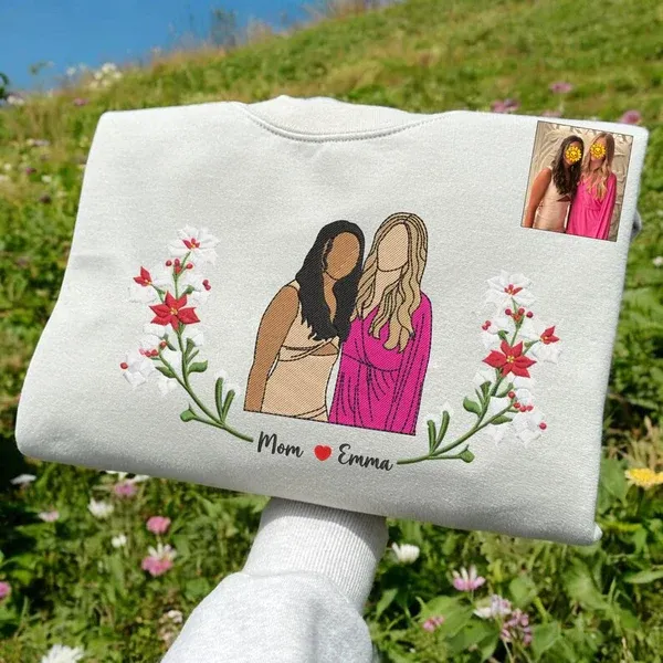 Blooming With Love – Custom Embroidered Birthday Flower Portrait from Photo Sweatshirt Hoodie, Perfect Gift for Mom, Dad & Family
