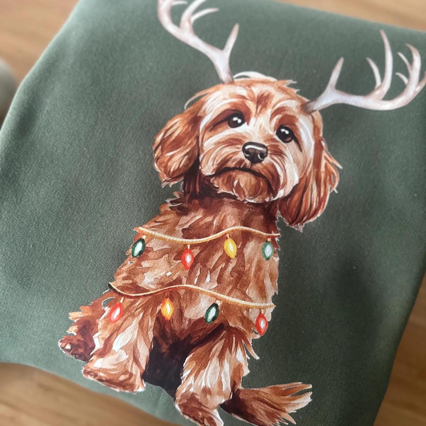 Custom Christmas Dog Photo Sweatshirt with Reindeer and Christmas Lights Design