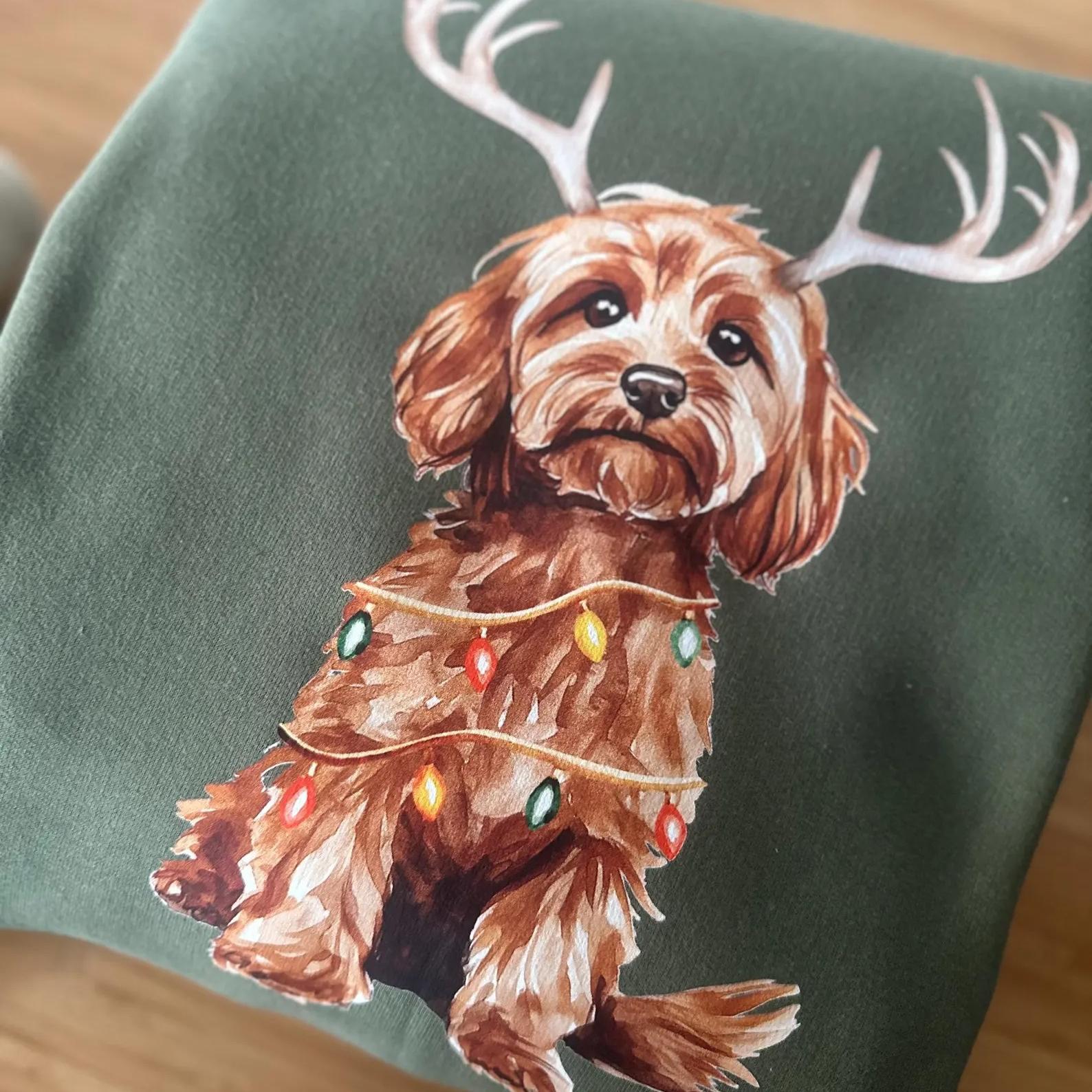 Custom Christmas Dog Photo Sweatshirt with Reindeer and Christmas Lights Design