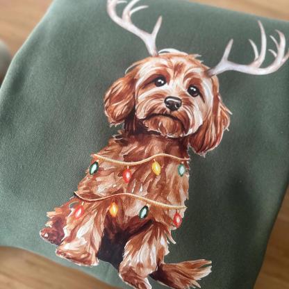 Custom Christmas Dog Photo Sweatshirt with Reindeer and Christmas Lights Design